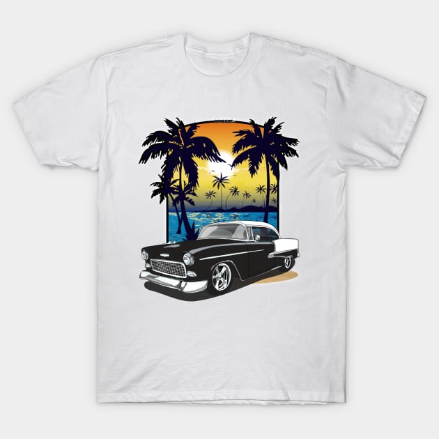 1955 Black and White Chevy Bel Air California Beachin Print T-Shirt by RPM-ART